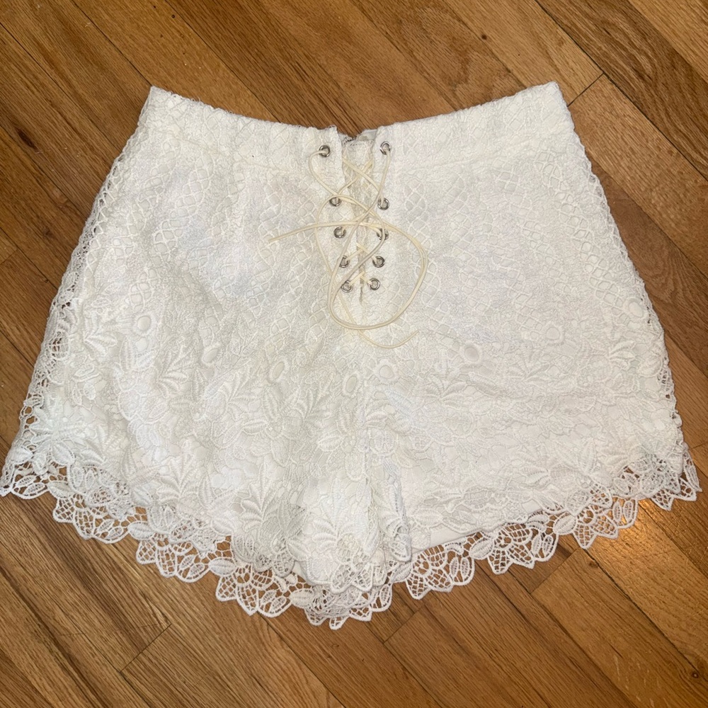 High-Rise White Lace-Up Crochet Shorts